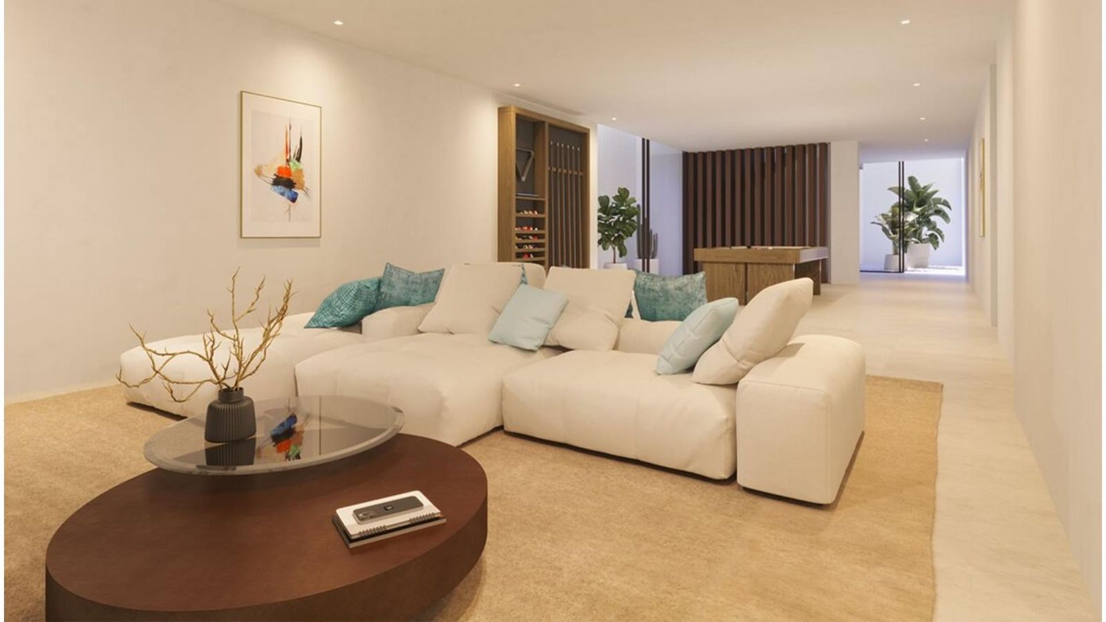 Luxe villa woonkamer met grote bank en minimalistisch interieur