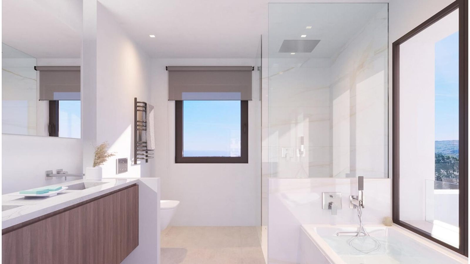 Moderne badkamer in Villa Aurea met ligbad, douche en uitzicht.