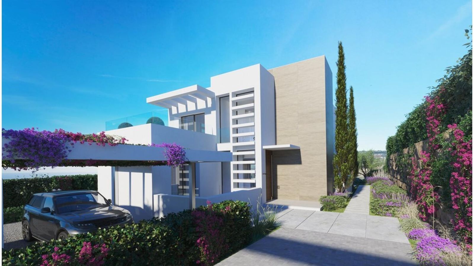 Moderne villa met bloeiende begroeiing bij Aurea Villas.